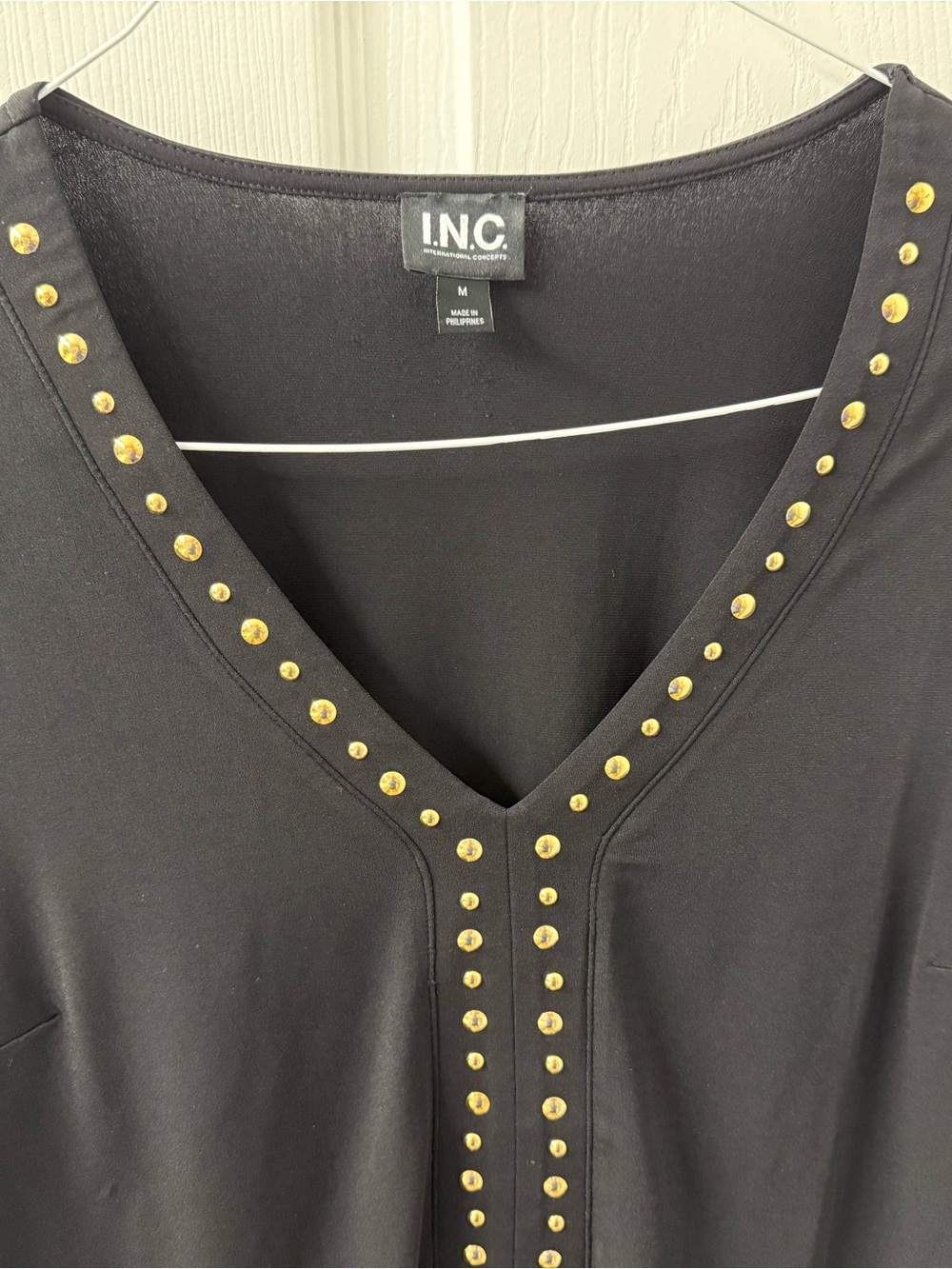 INC International Concepts Black V-Neck Long-Sleeve Top with Gold Stud Trim - Picture 2 of 4